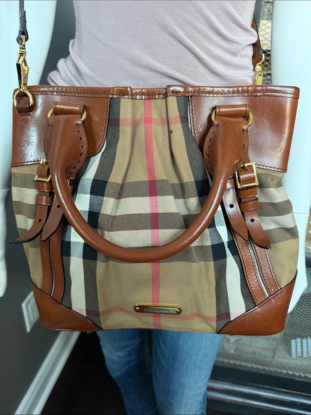 Authentic Burberry Tan Check Tote Bag with Leather Trim